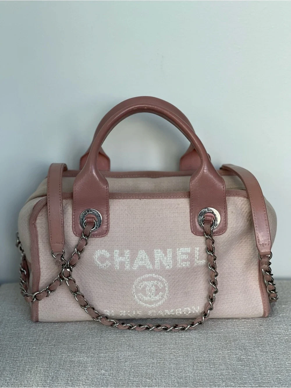CHANEL Small Deauville Pink Canvas and Leather Top-Handle Bowling Shoulder Bag